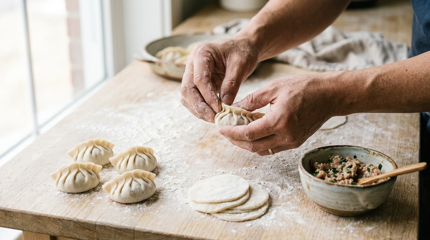 Hände falten Jiaozi an einem bemehlten hellen Holztisch im Tageslicht