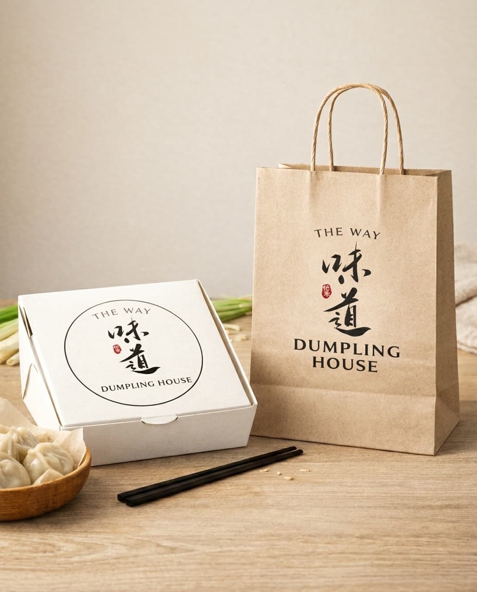 Takeaway-Verpackung von Dumpling House: Kraftpapier-Tasche und Box mit dem Logo The Way 味道