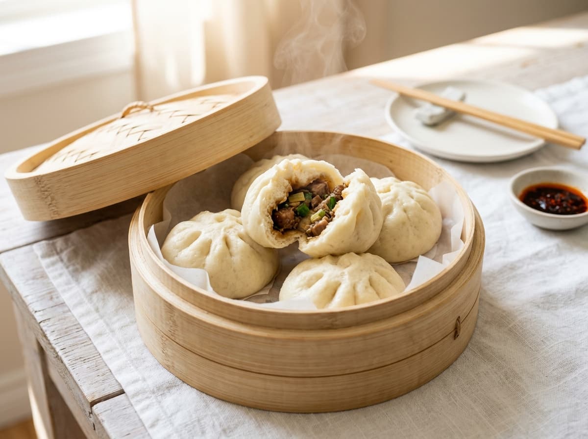 Gedämpfte Baozi im offenen Bambuskorb auf hellem Leinen, ein Bun aufgerissen mit dampfender Füllung