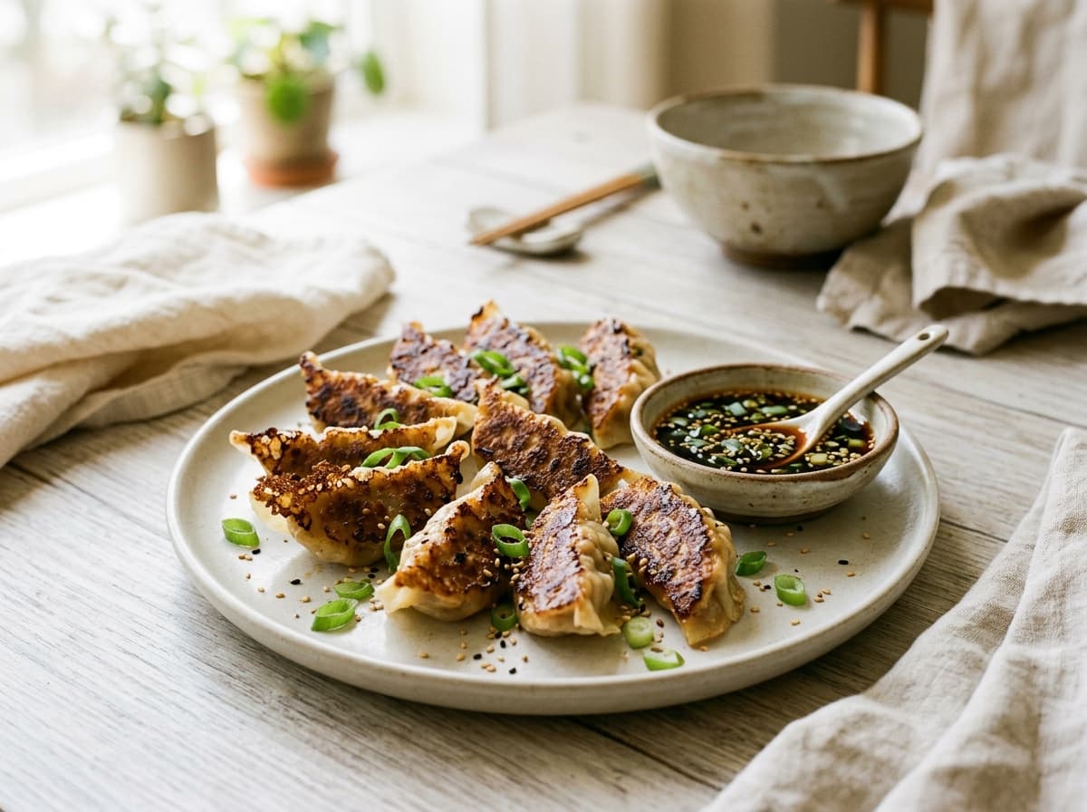Goldbraun gebratene Guotie-Potstickers auf hellem Steinzeugteller mit Dip-Schälchen und Sesam, in warmem Tageslicht