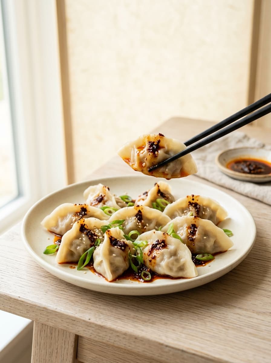 Gekochte Jiaozi mit Chili-Öl und Frühlingszwiebeln auf cremefarbenem Keramikteller, ein Dumpling mit schwarzen Stäbchen gehoben