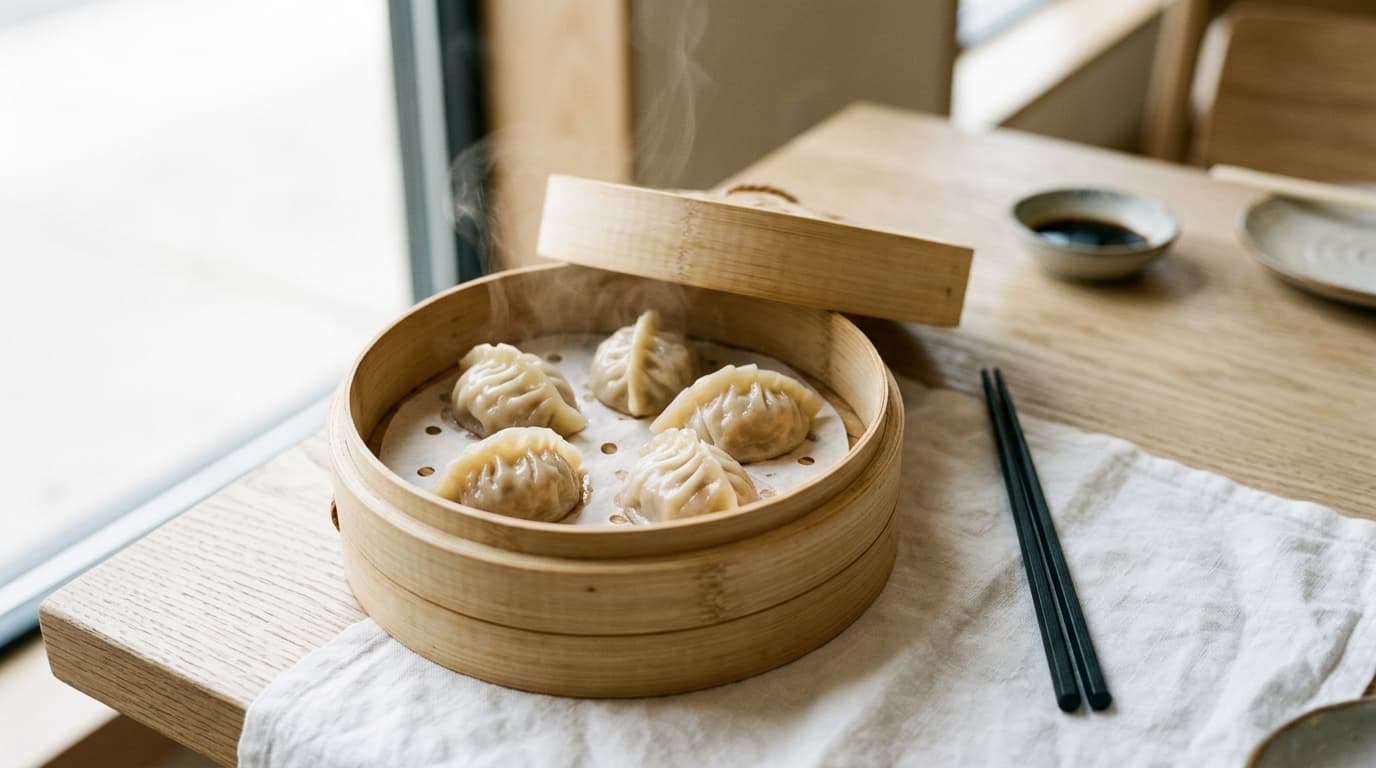 Offener Bambus-Dampfkorb mit frisch gedämpften Jiaozi auf hellem Holztisch, Dampf im Tageslicht